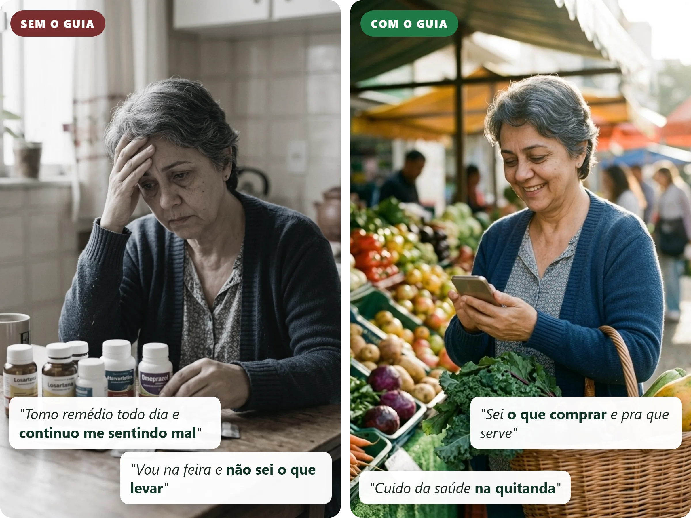 Mulher cansada diante dos remédios e a mesma mulher escolhendo alimentos na feira com o guia no celular