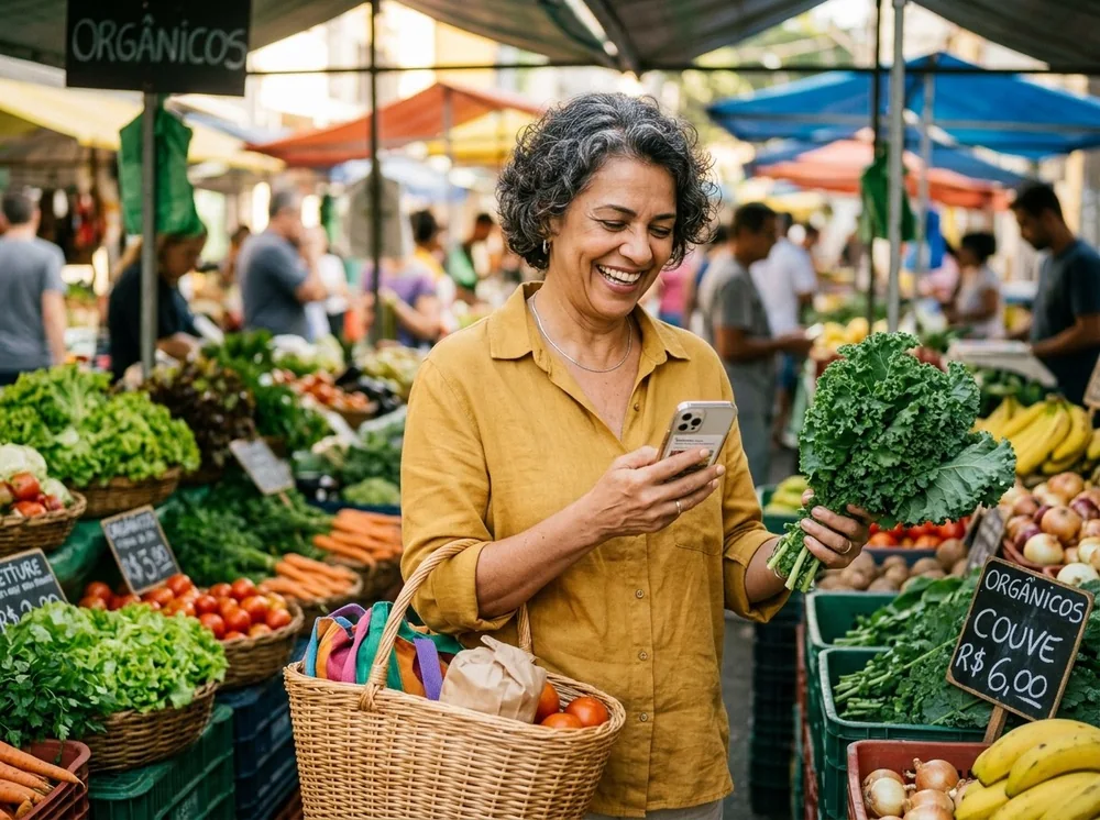 Mulher escolhendo verduras na feira com o guia no celular